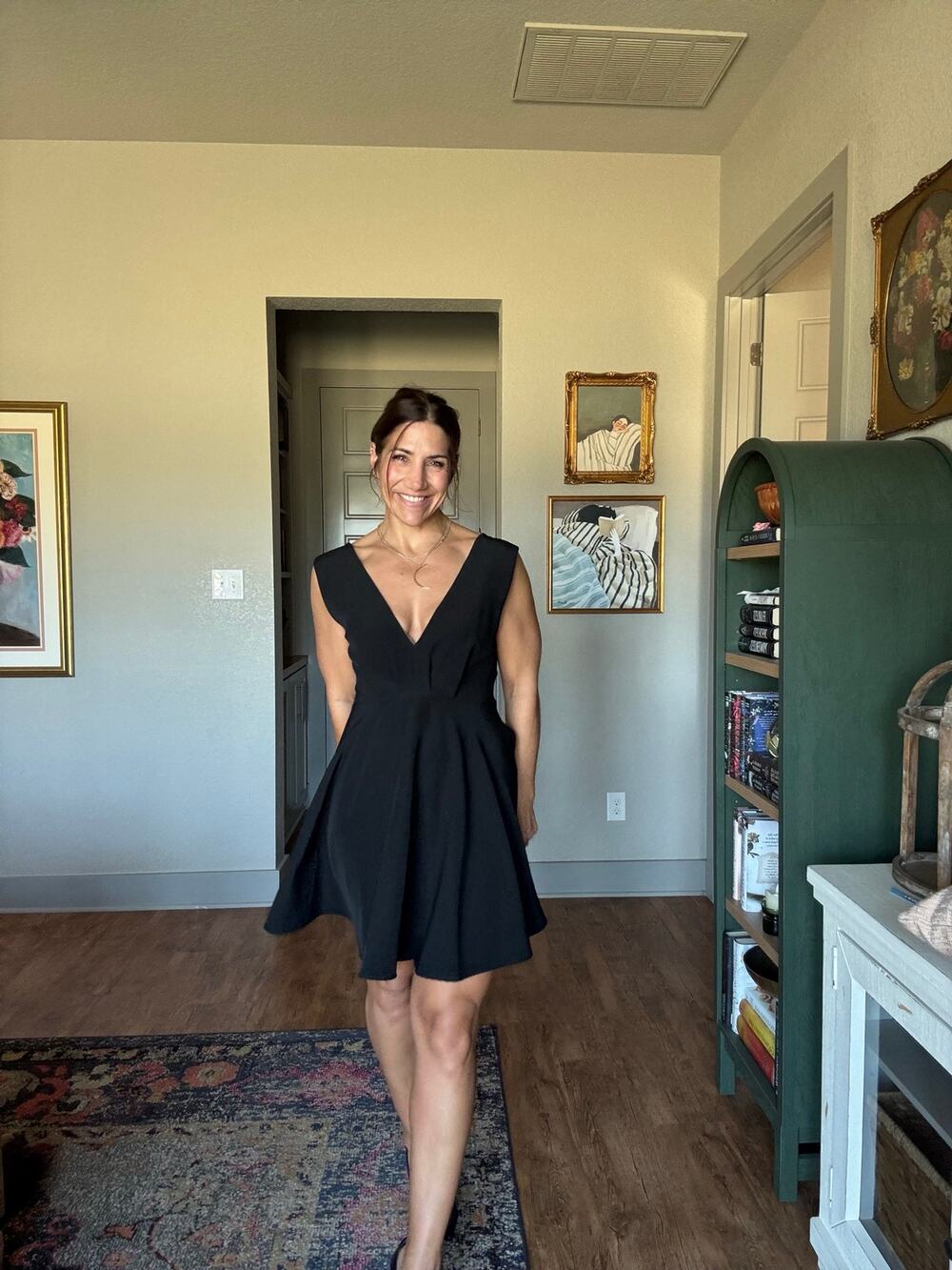 Lovely Day Black Fit & Flare Mini Dress L Deep V Open Back Bow